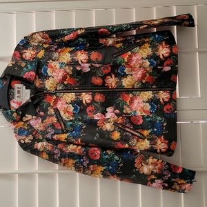 Jacket, floral, leather like sz L women.  Quilted detail back, cuffs & shoulder